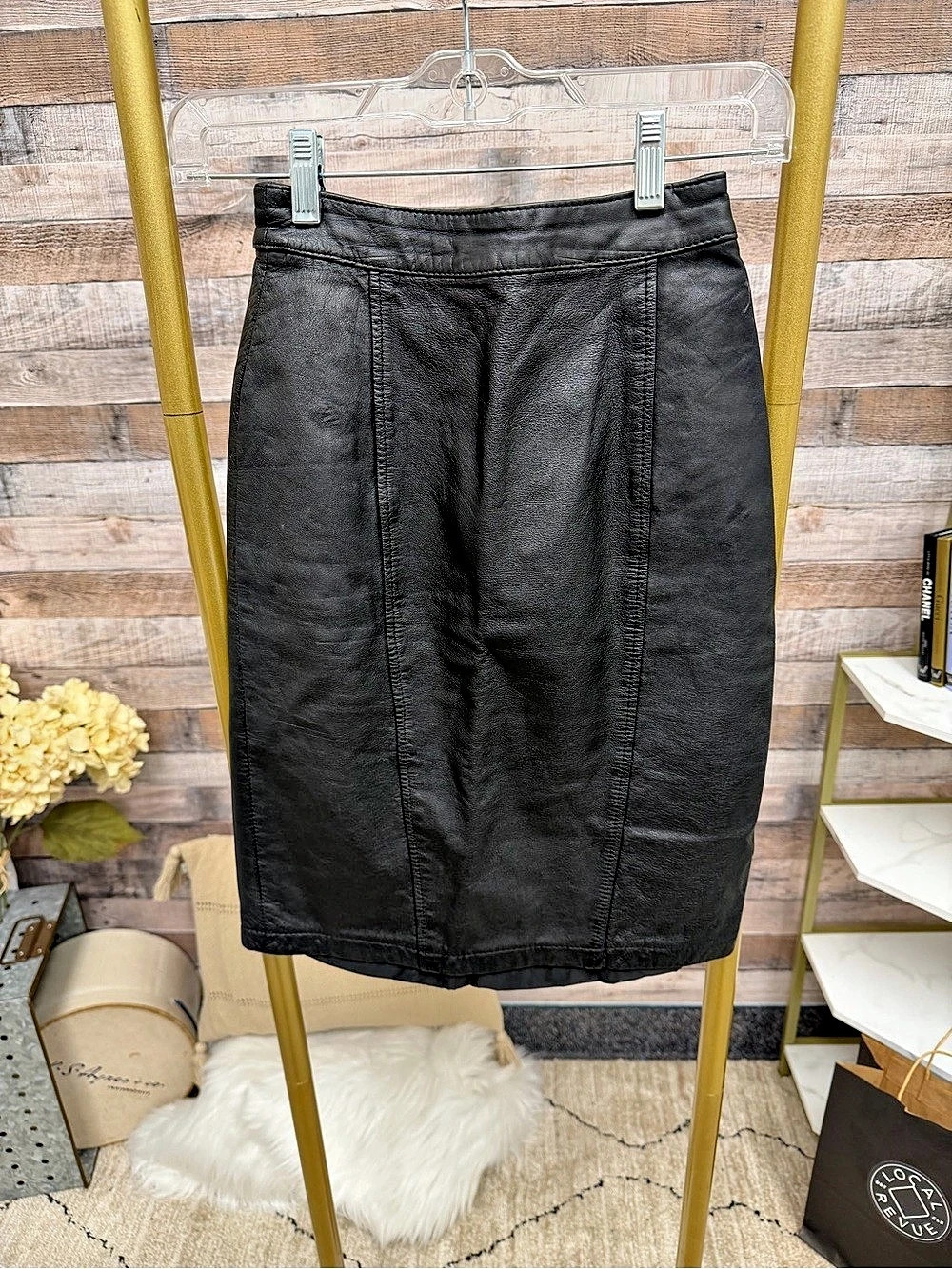 No Label Black Genuine Leather Pencil Skirt